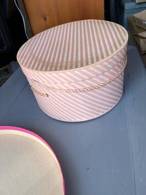 Pink & Cream Striped Round Hat Box with White hat. Looks new
